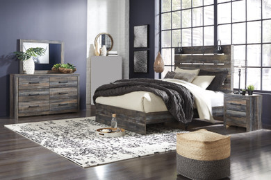 Ararat Rustic Wood Queen Panel Bed with Lights, Dresser, Mirror, Nightstand Set