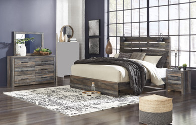 Ararat Rustic Wood King Panel Bed with Lights, Dresser, Mirror, Nightstand Set
