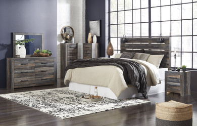 Ararat Rustic Wood King Headboard with Lights, Dresser, Mirror, Nightstand and 2 Narrow Chest