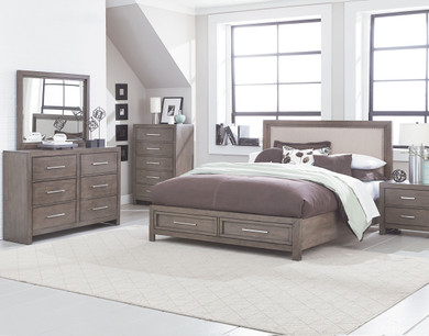 Anderson Neutral Grey Burnished Paint Finish Queen Storage Bed, Dresser, Mirror, 2 Nightstands, Chest.
