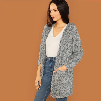 Grey Casual Hooded Pocket Patched  Cardigan
