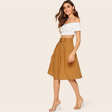 Buckle Belted Pleated Skirt Vintage High Waist Flared Skirt