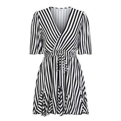 Vintage striped  V neck ruffle cotton short summer dress