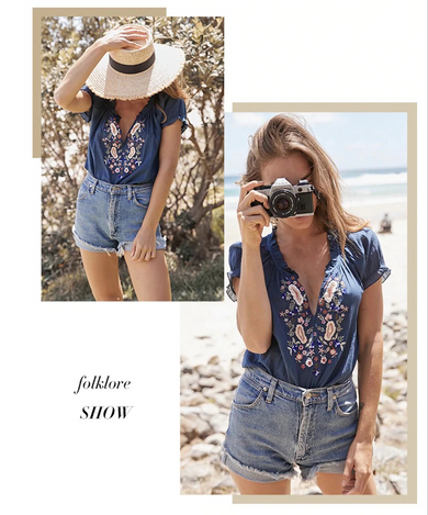 Blue/White Bohemian Embroidery Floral Blouses