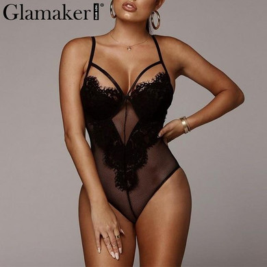 Glamaker Lace transparent mesh black bodysuit Women bodycon hollow out sexy bodysuit Summer elegant bodysuit one-piece overalls