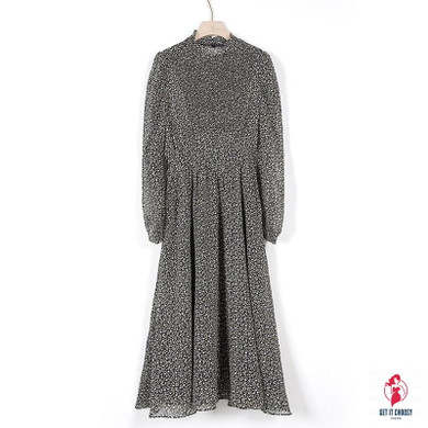 Vintage Stand Collar Ruched Sleeve A-line Dress Women Floral Print Elastic Waist Female Dress