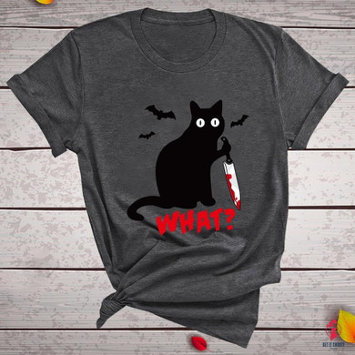 Black Cat What Tshirt Murderous Cat Knife Women Funny T Shirt Short Sleeve Halloween Tops Tees
