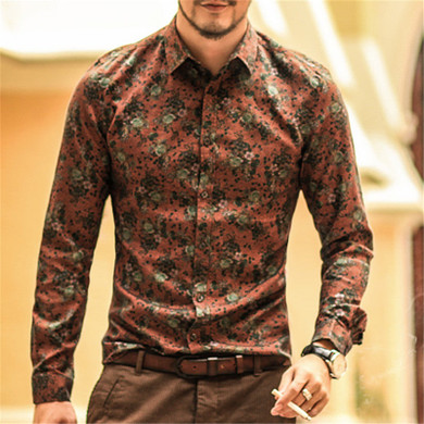 Men's Vintage Style Long Sleeve Shirt w/ Floral Print Finish