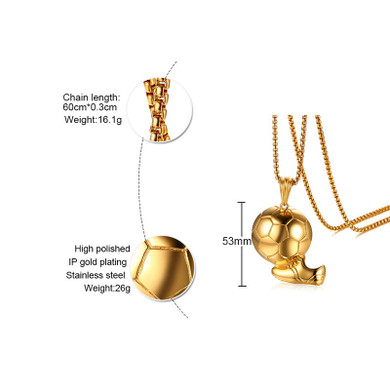 Men's Stainless Steel Necklace w/ Gold Soccer Ball & Shoe Pendant