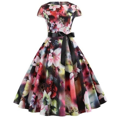 Full Floral Print Short Sleeved Boat Neck 50s Dress With Ribbon