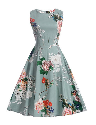 Gray Sleeveless Scoop Neck 50s Dress With Flower Print Design