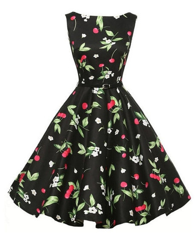 Cherry Print Design Black and White Floral Dress With Belt
