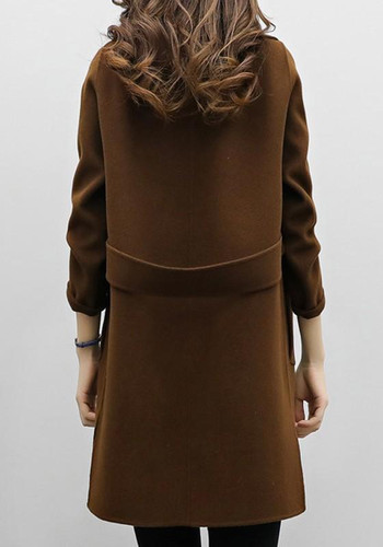 Coffee Pockets Turndown Collar Long Sleeve Cardigan Coat