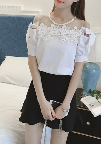 White Patchwork Lace Grenadine Bow Round Neck Sweet Blouse