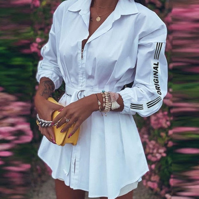 2020 Autumn Long Sleeve Button Mini Dress Fashion Turn-Down Collar Office Lady Shirt Dress Women Elegant Chain Print Party Dress