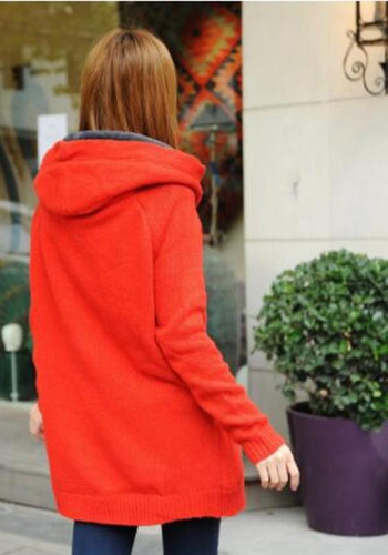 Red Patchwork Single Breasted Long Sleeve Hooded Cardigan Sweater Coat