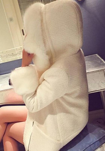 White Patchwork Pockets Fur Collar Long Sleeve Wool Coat