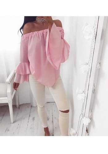 Pink Irregular Ruffle Boat Neck Long Sleeve Blouse