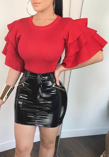 Red Cascading Ruffle Short Sleeve Trumpet Sleeve Casual Blouse