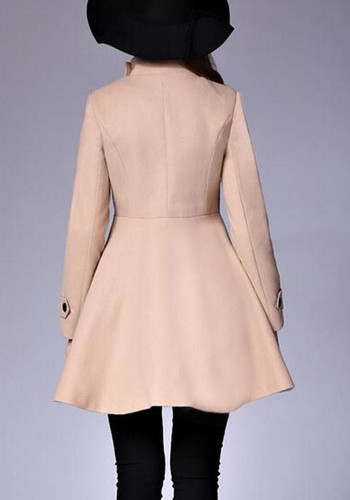 Camel Plain Pockets Double Breasted Band Collar Peplum Peacoat Trench Coat