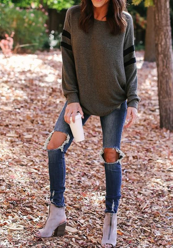 Black Grey Striped Print Round Neck Long Sleeve Casual T-Shirt