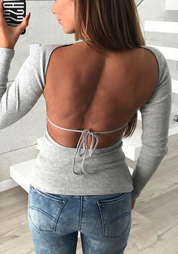 Light Grey Tie Back Round Neck Fashion T-Shirt