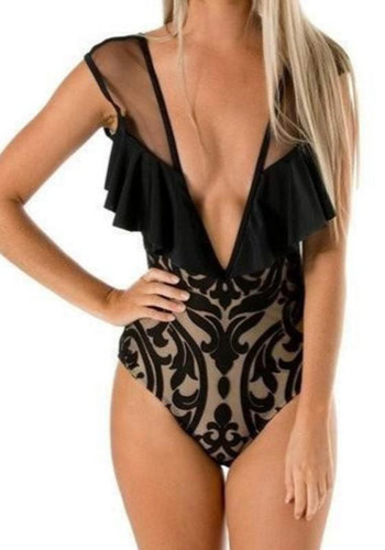 Black Floral Grenadine Ruffle Backless Plunging Neckline Fashion Swimwear Black Floral Grenadine Ruffle Backless Plunging Neckline Fashion Swimwear