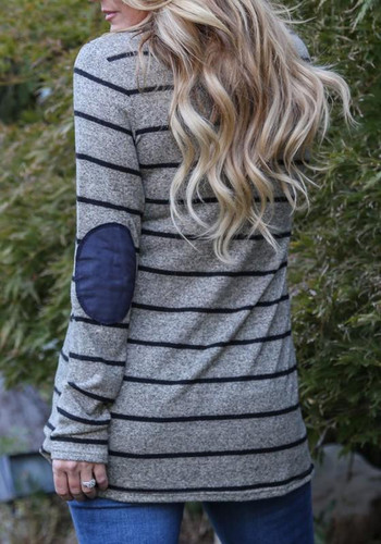Grey Striped Buttons Irregular Long Sleeve Casual T-Shirt