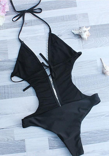 Black Patchwork Lace Tie Back Plunging Neckline Swimwear Black Patchwork Lace Tie Back Plunging Neckline Swimwear