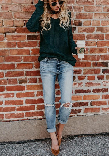 Sapphire Blue Cut Out V-neck Long Sleeve Fashion Pullover Sweater Sapphire Blue Cut Out V-neck Long Sleeve Fashion Pullover Sweater