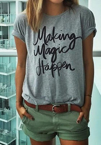 Grey Letter Print Round Neck Short Sleeve Casual T-Shirt