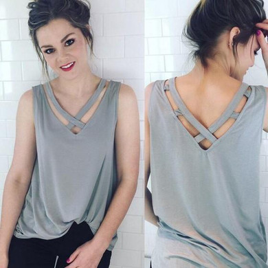 Grey Backless Cut Out Cross Back V-neck Oversize Casual T-Shirt