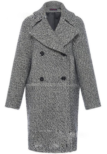 Black-White Plaid Buttons Turndown Collar Long Sleeve Fashion Coat