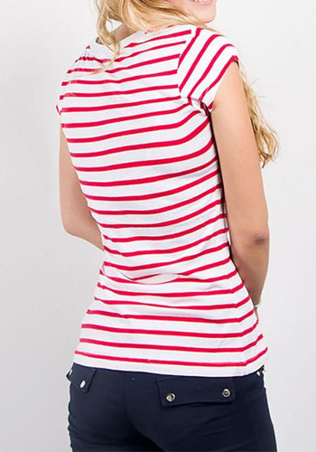 Red Striped Print Round Neck Short Sleeve Fashion T-Shirt
