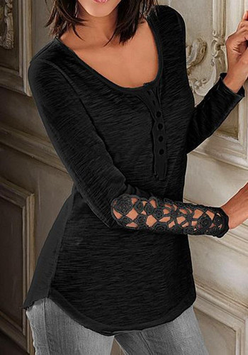 Black Patchwork Irregular Single Breasted Lace Round Neck Long Sleeve T-Shirt Black Patchwork Irregular Single Breasted Lace Round Neck Long Sleeve T-Shirt