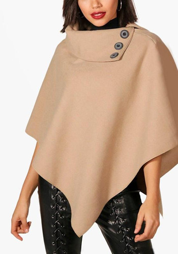 Khaki Buttons Irregular Turndown Collar Oversized Pullover Cape Wool Coat