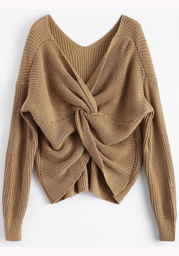 Apricot Irregular V-neck Backless Pullover Sweater