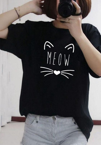 Black "MEOW" Herat Print Round Neck Cute T-Shirt
