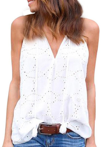 White Irregular Embroidery Tassel Round Neck Sleeveless Vest