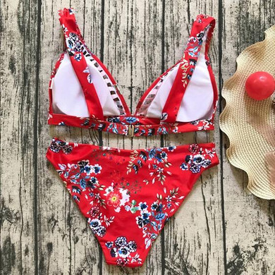 Red Floral Studded Condole Belt 2-in-1 V-neck Swimwear