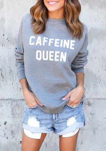 Grey Letter Round Neck Long Sleeve Casual Sweatshirt