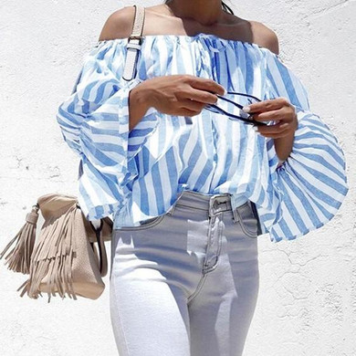 Blue Striped Drawstring Boat Neck Long Sleeve Fashion Blouse