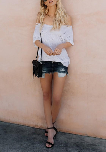 White Cut Out Asymmetric Shoulder Going out Casual T-Shirt