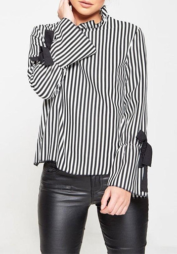 Black Striped Tie Back Bow Petal Neck Fashion Blouse