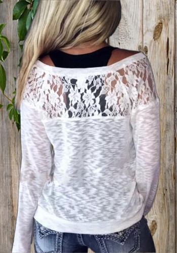 White Patchwork Lace Round Neck Long Sleeve Fashion T-Shirt White Patchwork Lace Round Neck Long Sleeve Fashion T-Shirt