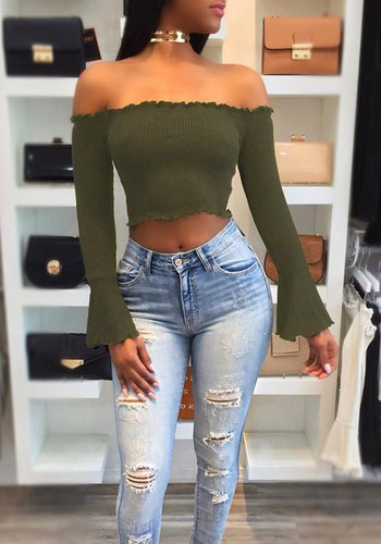 Army Green Ruffle Midriff Boat Neck Long Sleeve Fashion Blouse