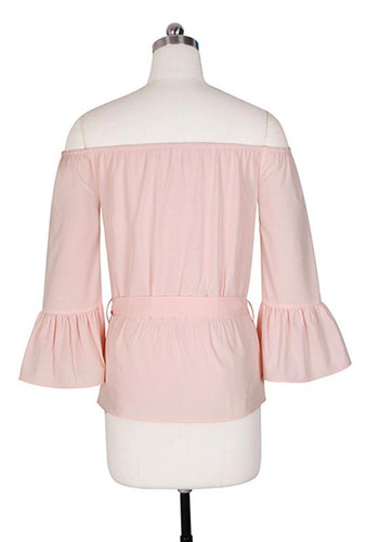 Pink Drawstring Boat Neck Long Sleeve Sweet Blouse