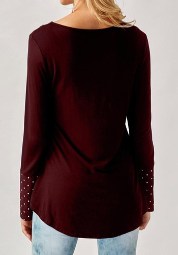 Red Polka Dot Print Buttons Pleated V-neck Long Sleeve T-Shirt