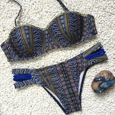 Blue Geometric 2-in-1 Condole Belt V-neck Swimwear