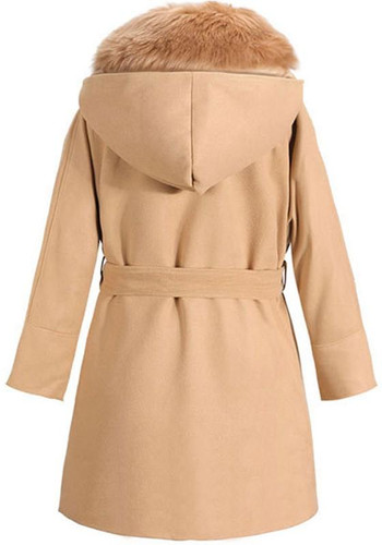 Camel Patchwork Faux Fur Turndown Collar Sashes Hooded Long Sleeve Cardigan Wool Coat